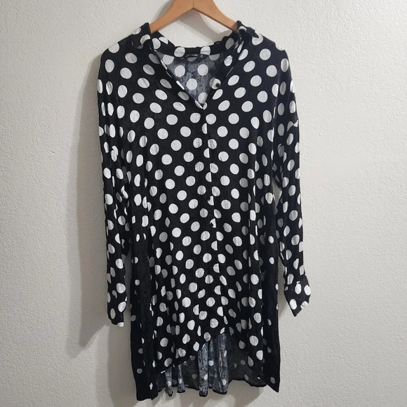 ZARA Black White Polka Dot Shirt Dress Size M - Picture 2 of 8